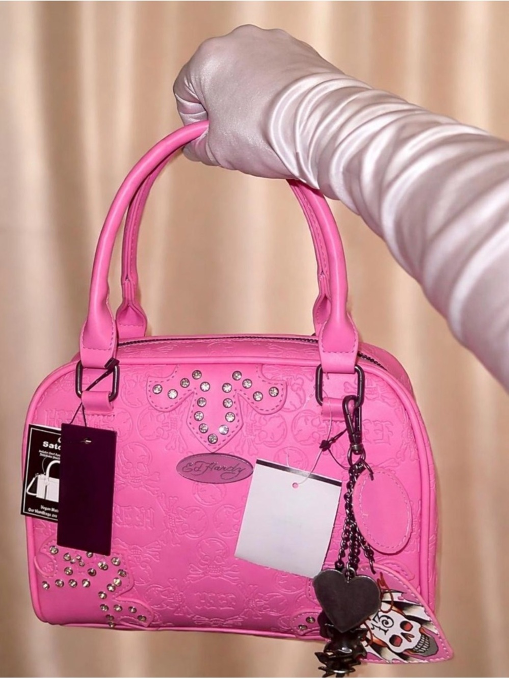 Ed Hardy Hot Pink Embossed Satchel with Charm Accents